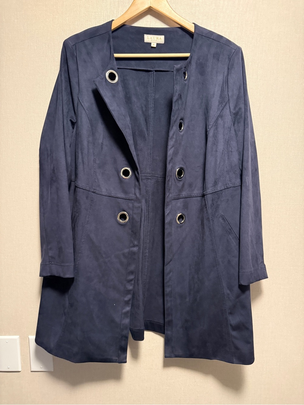 Laura Plus Faux Suede Jacket Size 16 Navy Long Open Front Duster Grommet Coat